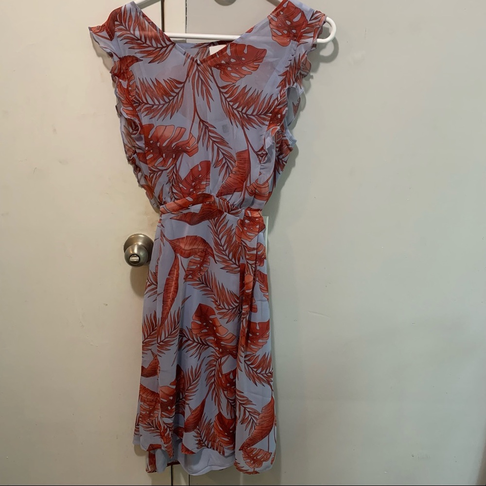 Cabi light blue dress with dark red leaf motif